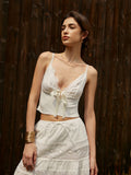 Lace Trim Bow Detail Cami Top — White V-Neck in White — Svelte Chic