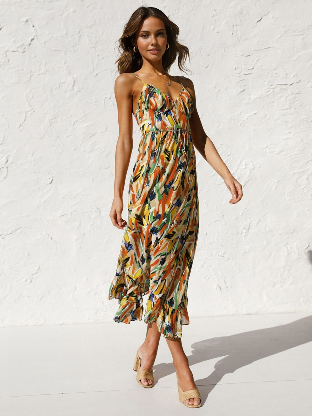 Floral Print Cami Midi Dress — Orange V-Neck — Svelte Chic