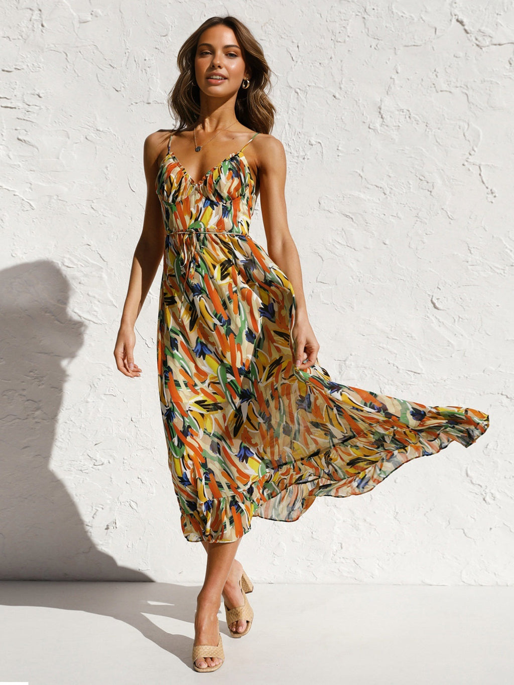 Floral Print Cami Midi Dress — Orange V-Neck — Svelte Chic