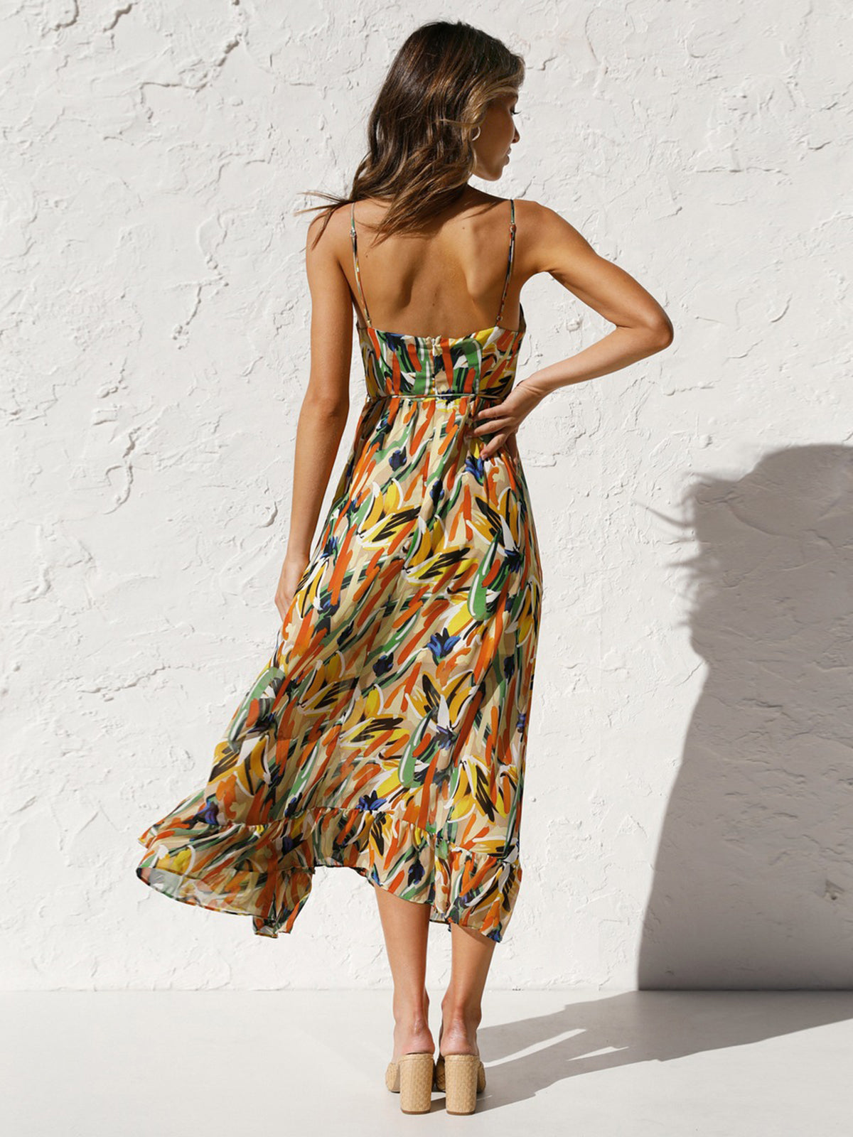 Floral Print Cami Midi Dress — Orange V-Neck — Svelte Chic