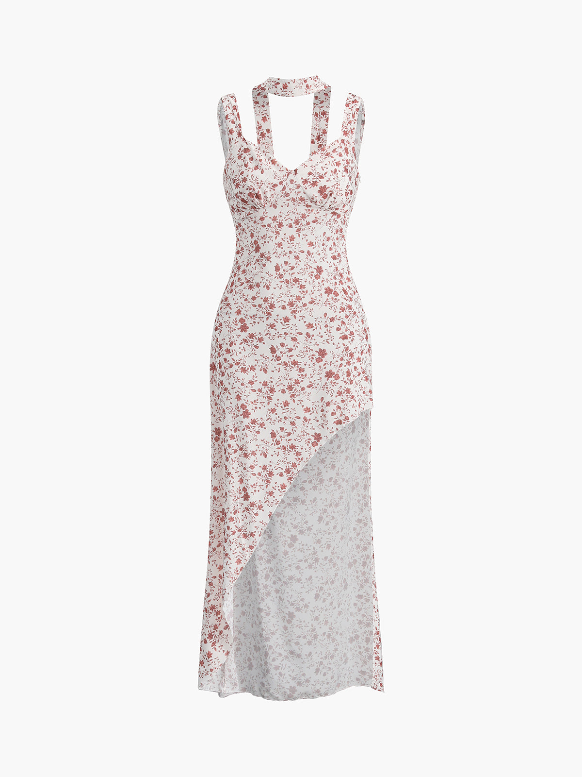 Ditsy Floral Asymmetric Halter Maxi Dress — Red Split — Svelte Chic