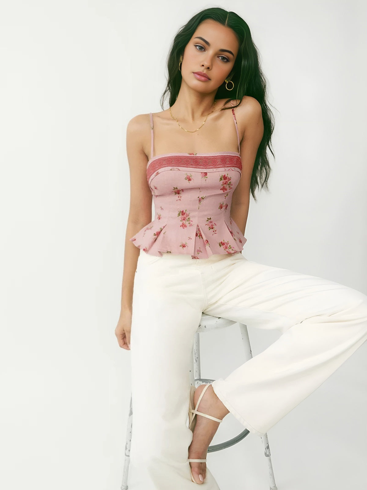 Floral Lace Trim Pleated Cami Top — Pink — Svelte Chic