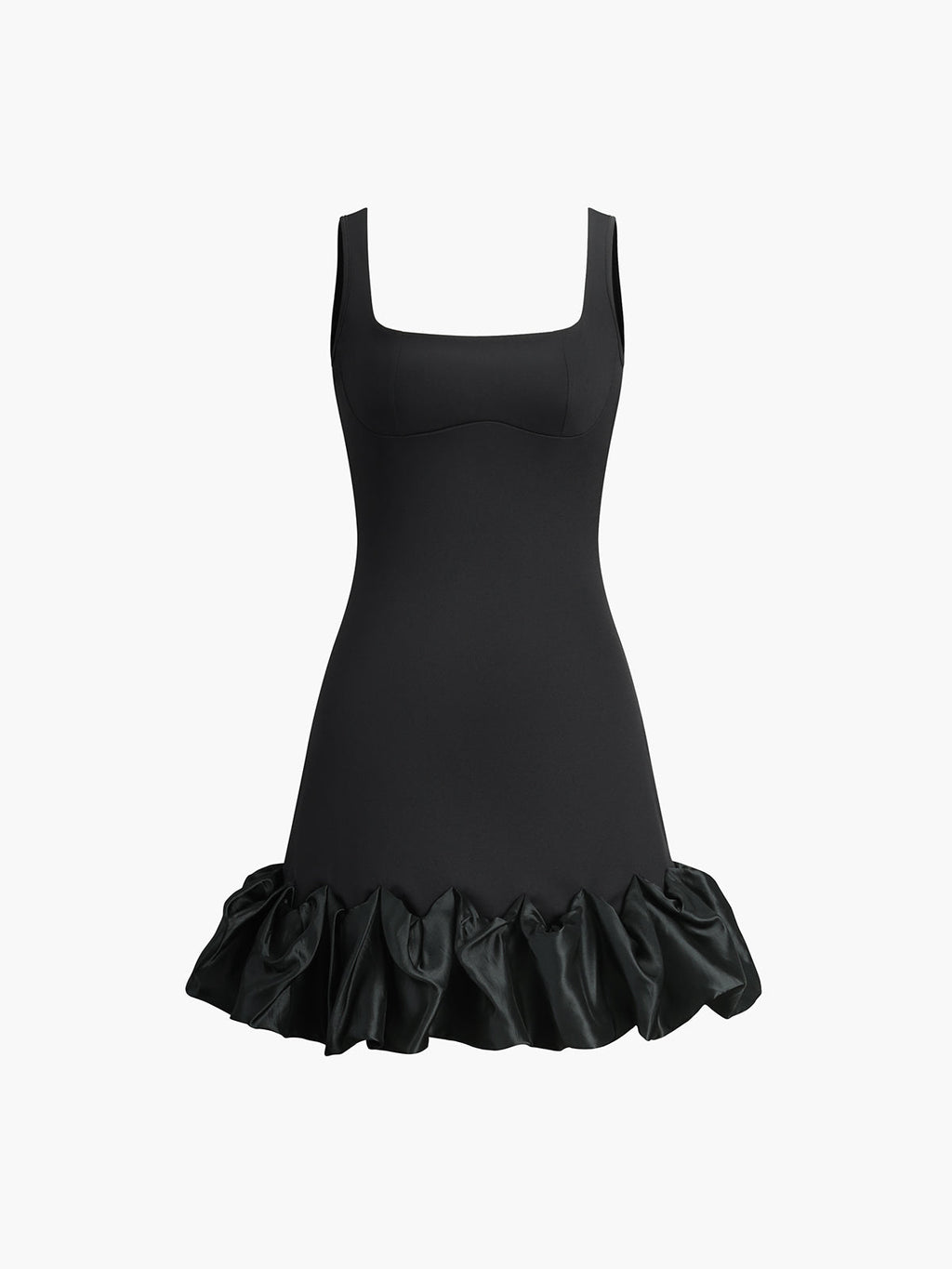 Ruffle Hem Square Neck Mini Dress — Black in Black — Svelte Chic