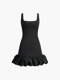 Ruffle Hem Square Neck Mini Dress — Black in Black — Svelte Chic