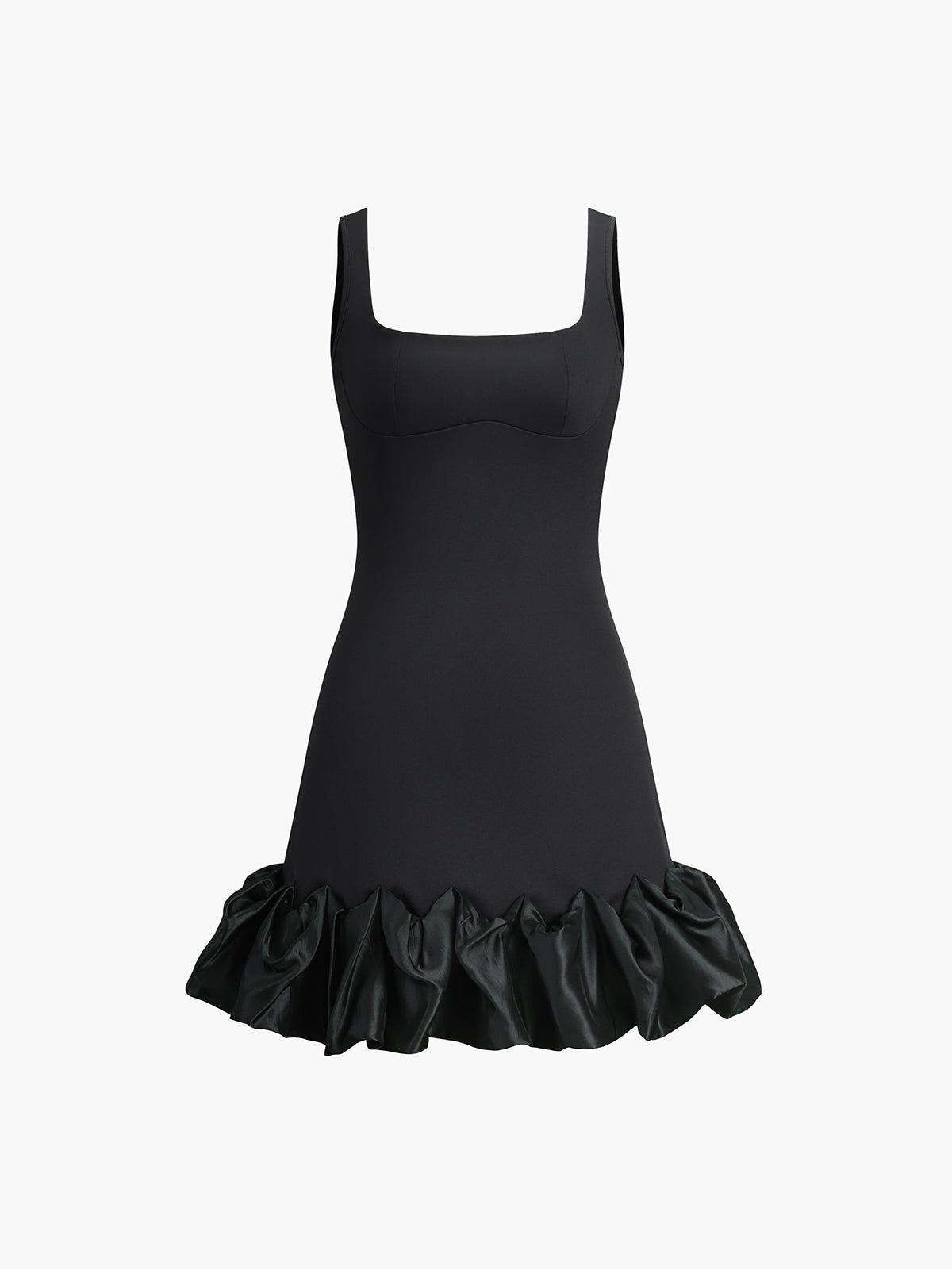 Ruffle Hem Square Neck Mini Dress — Black in Black — Svelte Chic