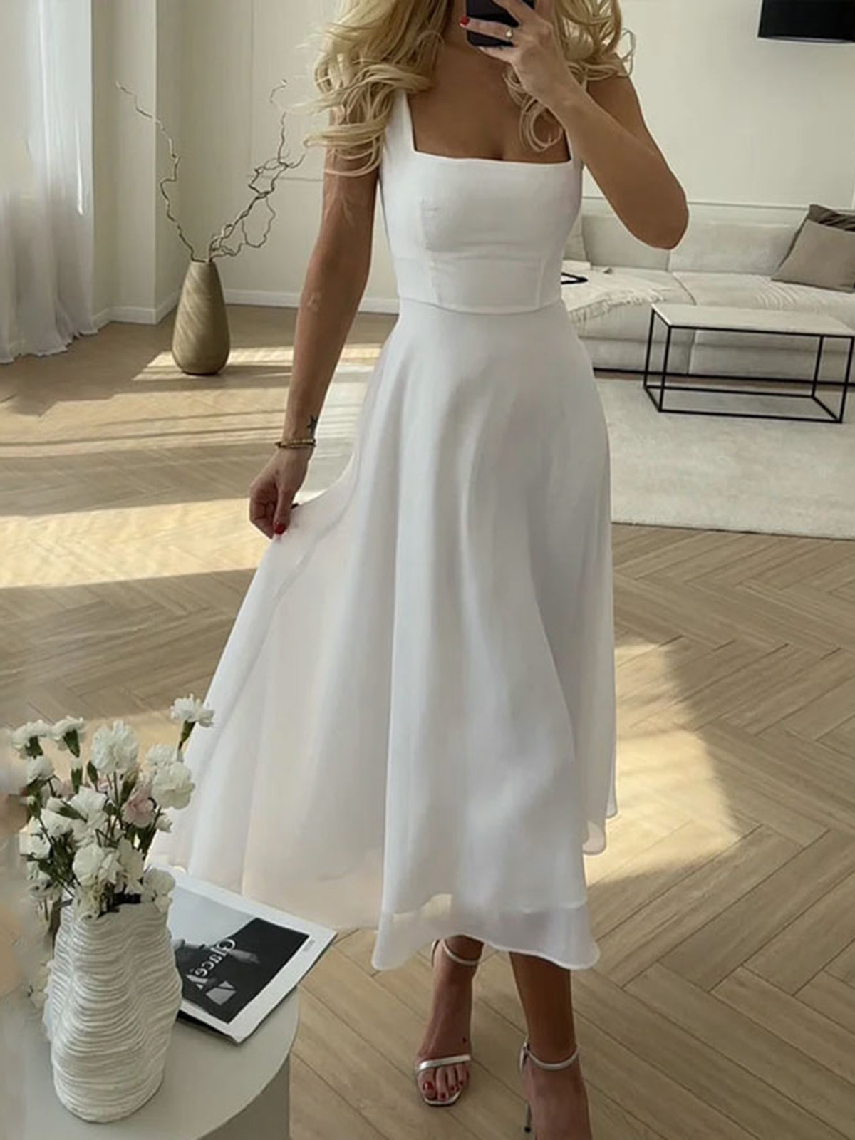 Elegant Cami Maxi Dress — White Square Neck in White — Svelte Chic