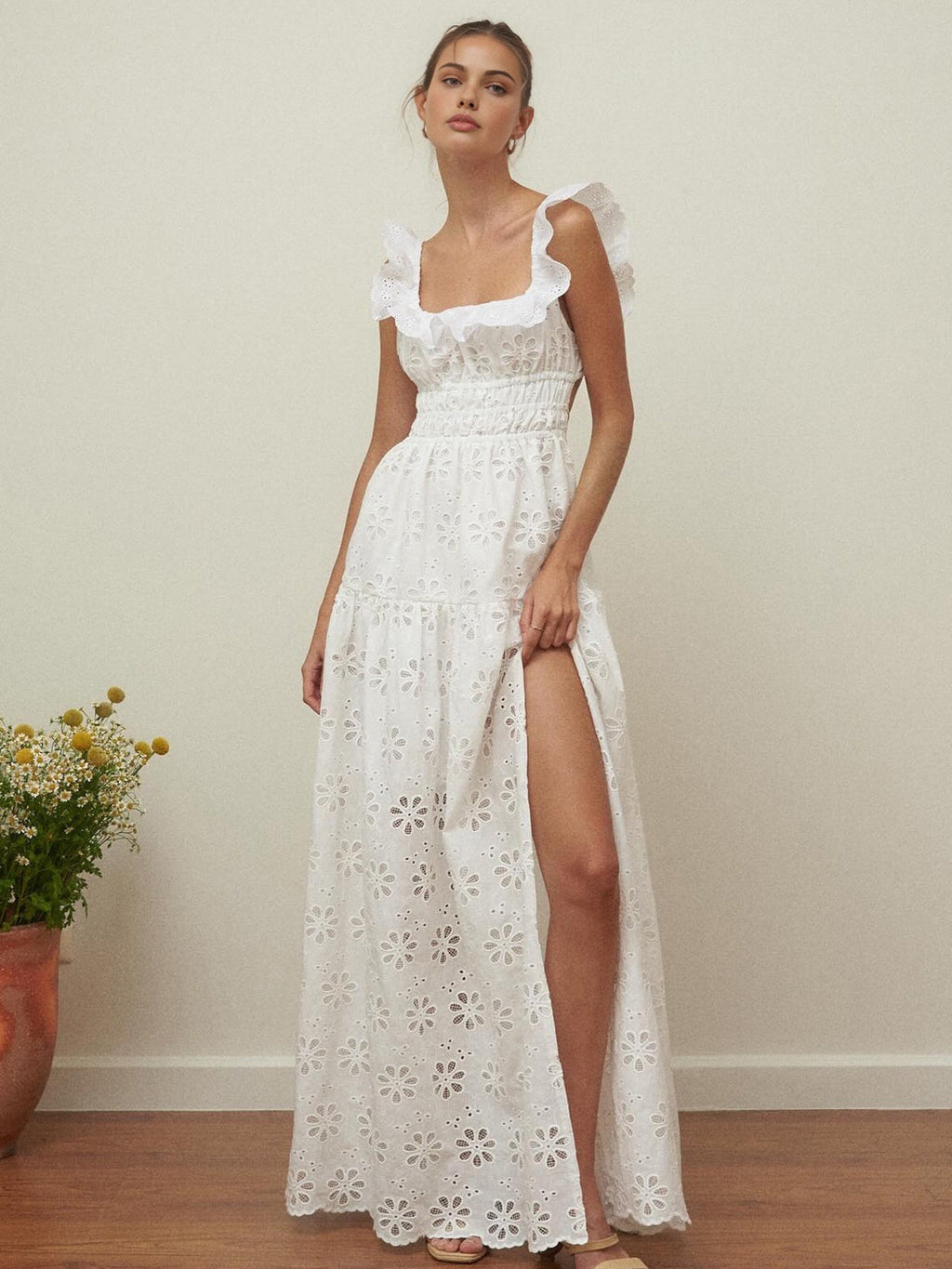 Eyelet Embroidered Cotton Maxi Dress — White in White — Svelte Chic