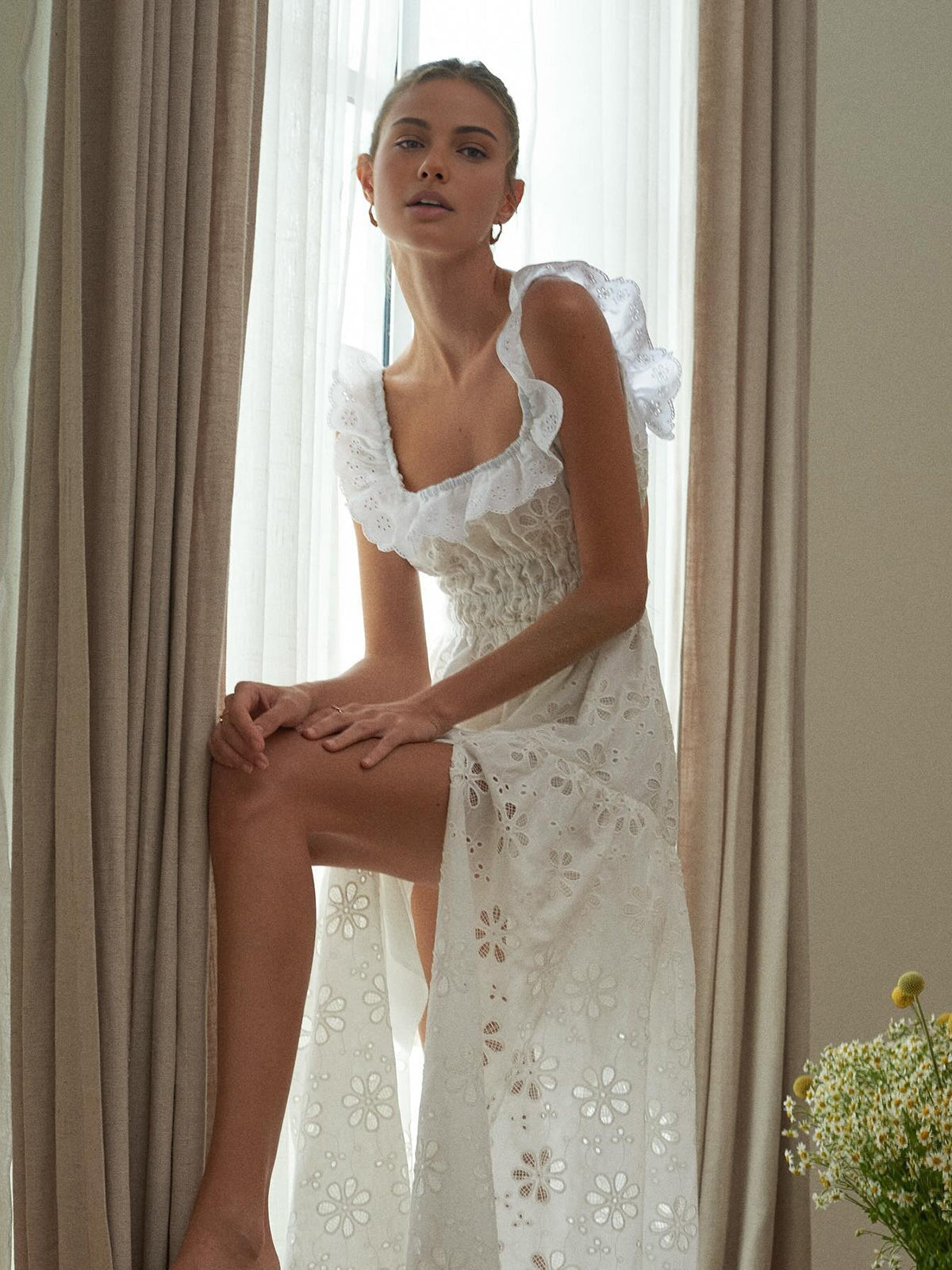 Eyelet Embroidered Cotton Maxi Dress — White — Svelte Chic