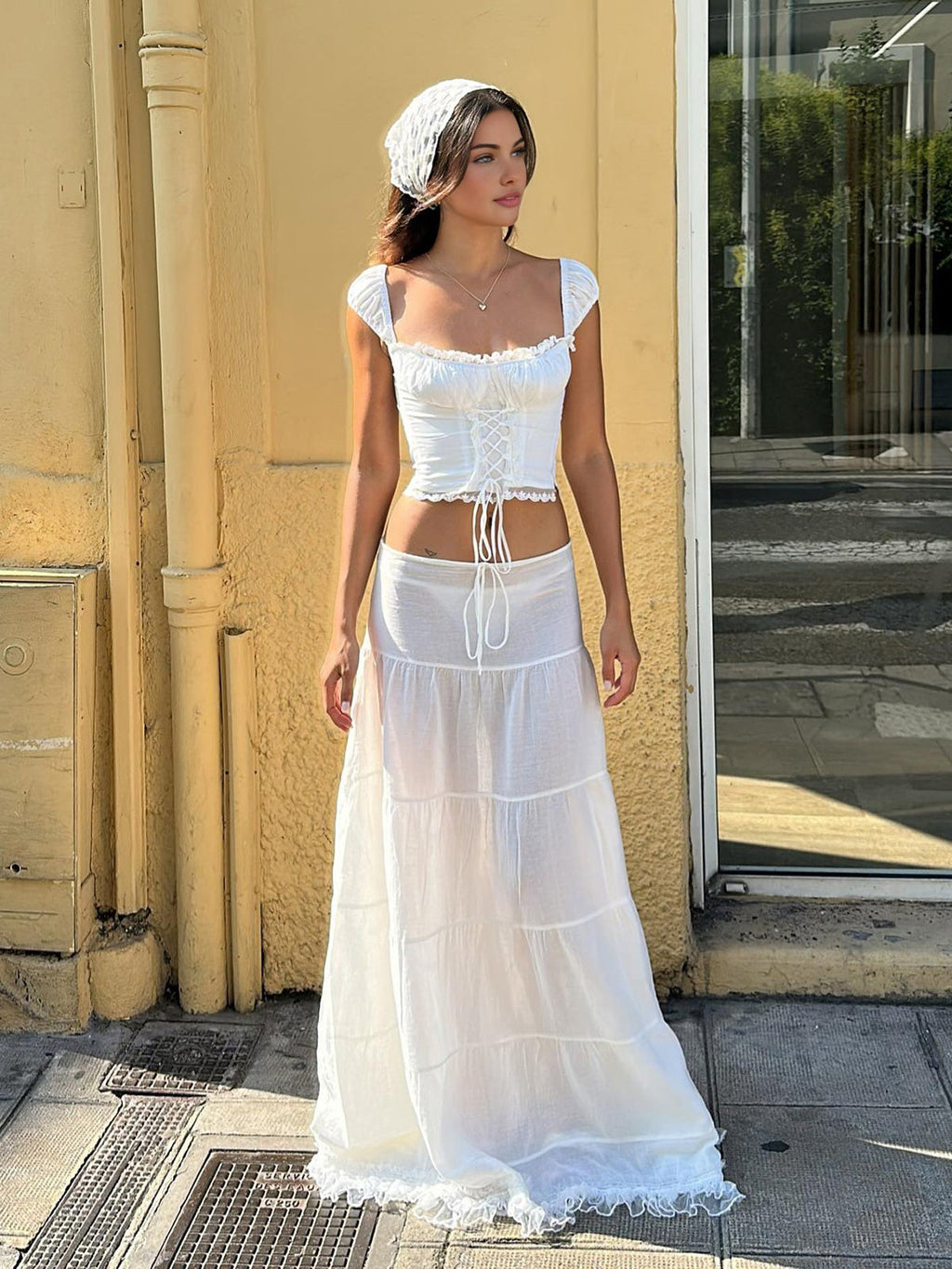 Lace Trim Tie-Up Sleeveless Blouse — White — Svelte Chic