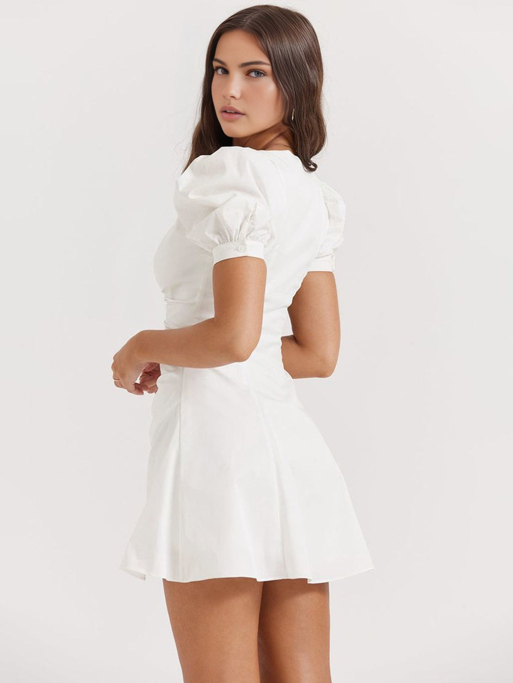 Puff Sleeve Pleated Mini Shirt Dress — White — Svelte Chic