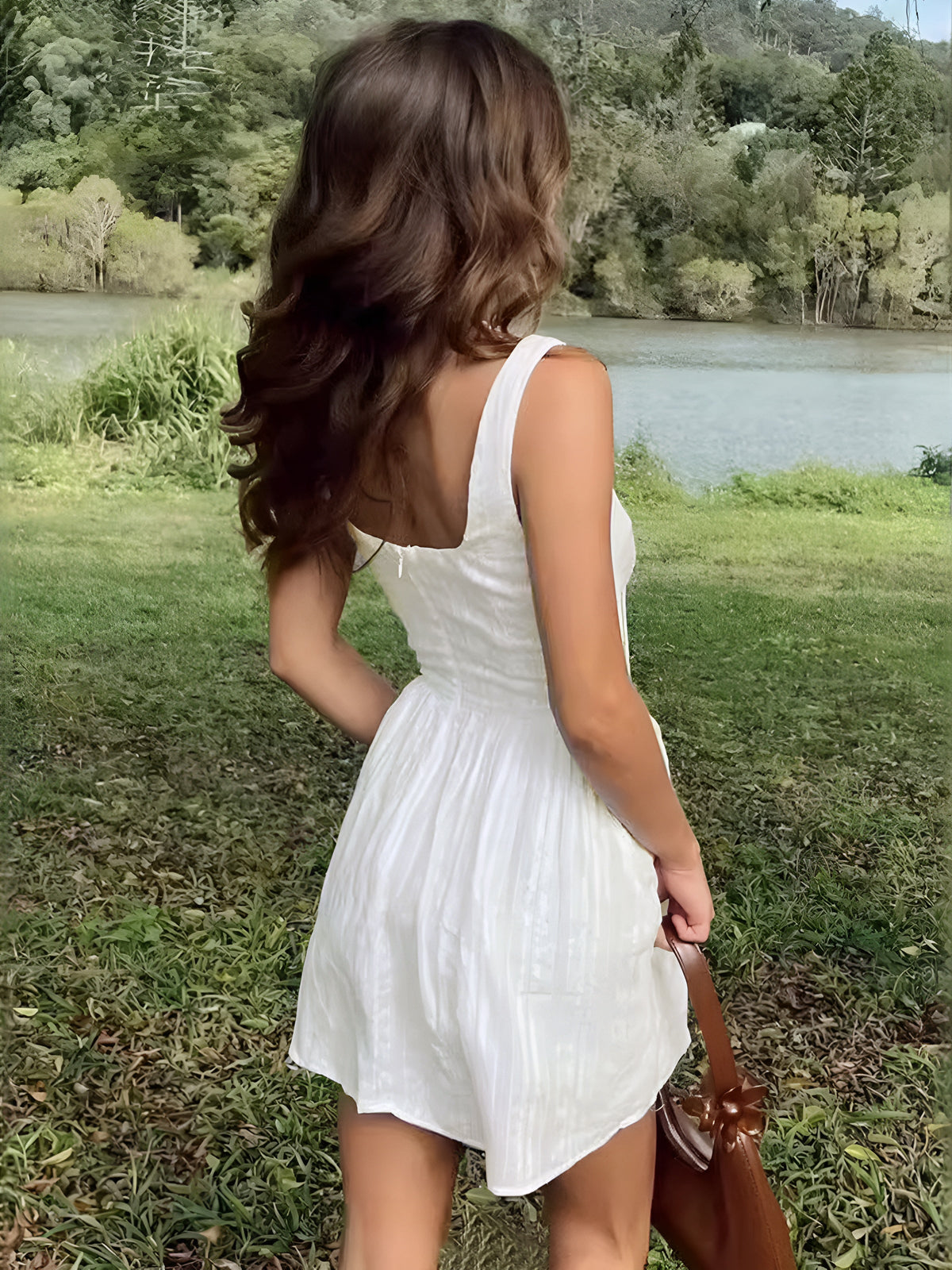Square Neckline Mini Dress — White Cotton Blend — Svelte Chic