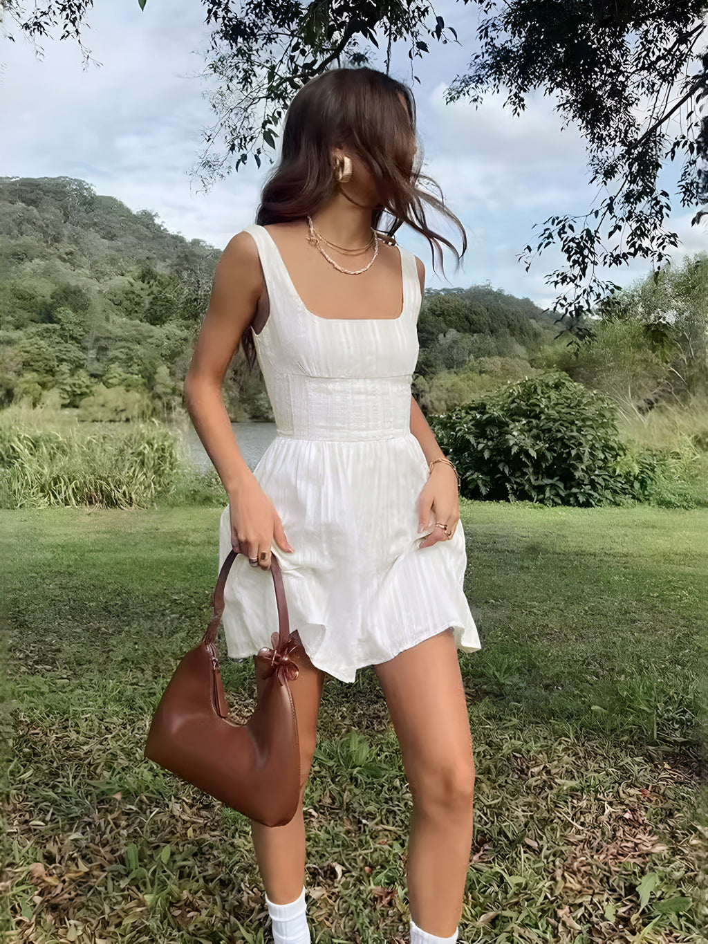 Square Neckline Mini Dress — White Cotton Blend — Svelte Chic
