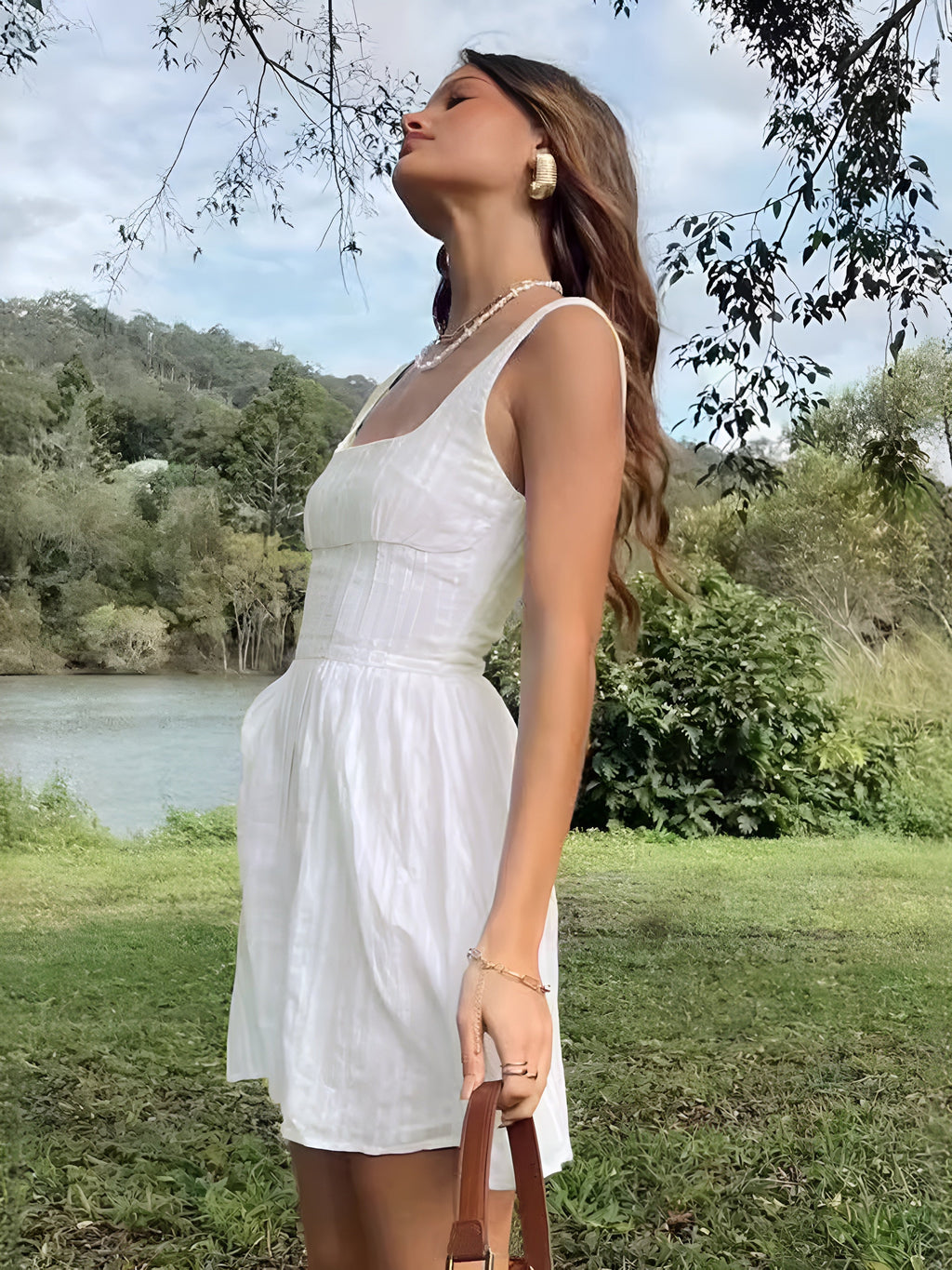 Square Neckline Mini Dress — White Cotton Blend — Svelte Chic