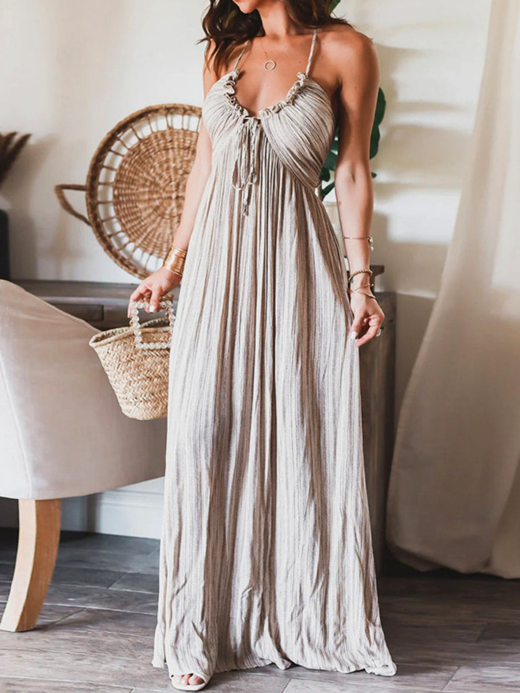 U-Neck Halter Backless Maxi Dress — Light Grey Stripe — Svelte Chic
