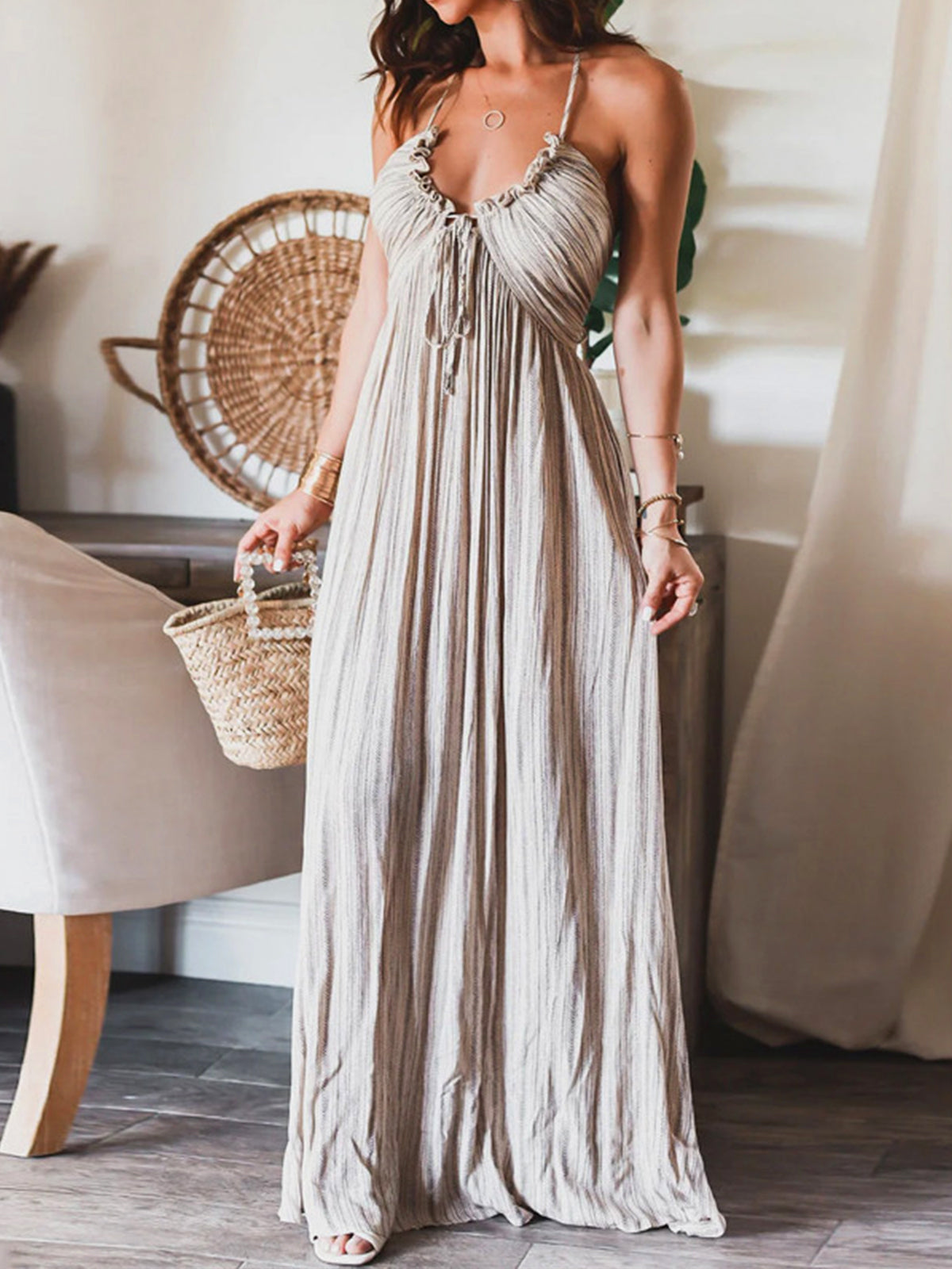 U-Neck Halter Backless Maxi Dress — Light Grey Stripe — Svelte Chic