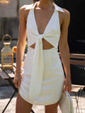 Pure Cotton Cutwork Tie Mini Dress — White in White — Svelte Chic