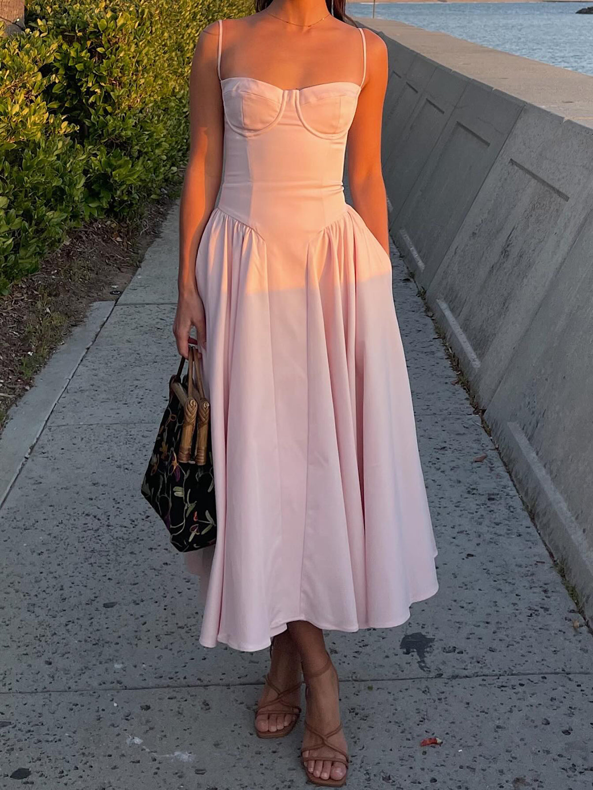 Sweetheart Neckline Cami Midi Dress — Pink — Svelte Chic