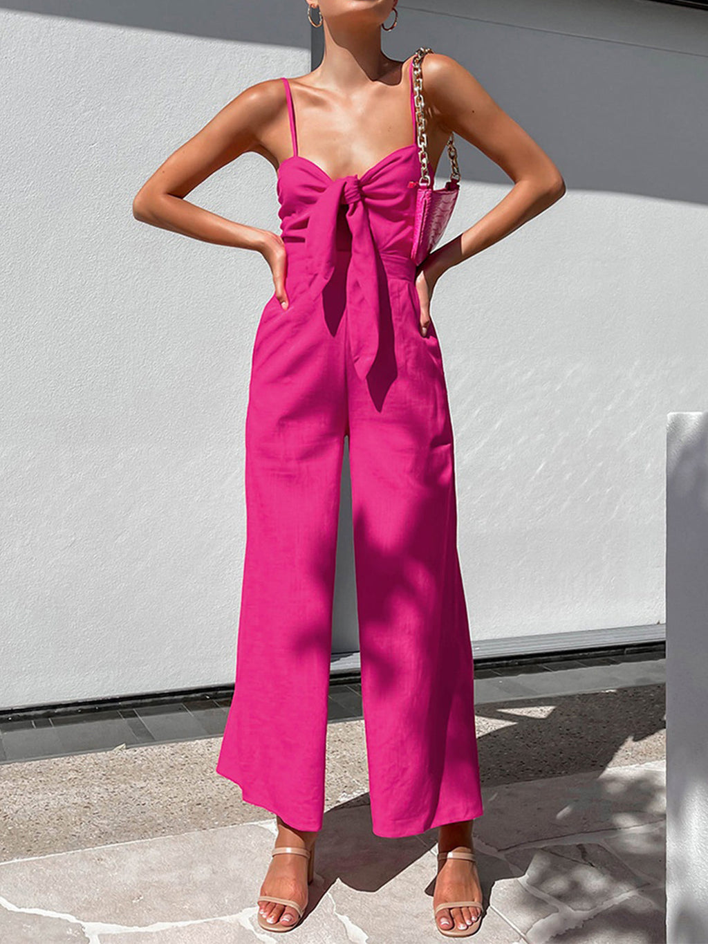 Twist Detail Cotton Jumpsuit — Sleeveless in Pink — Svelte Chic