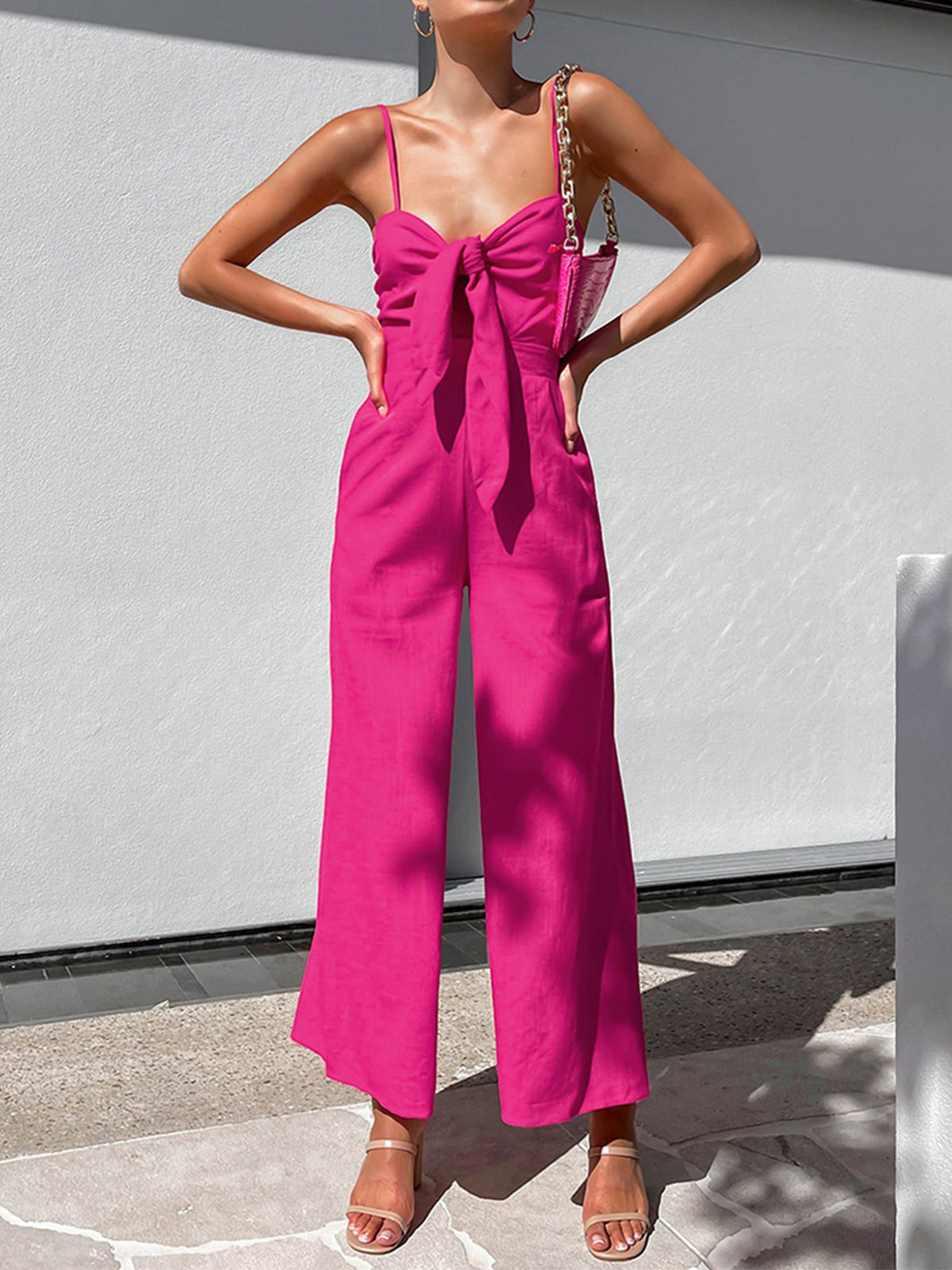 Twist Detail Cotton Jumpsuit — Sleeveless in Pink — Svelte Chic