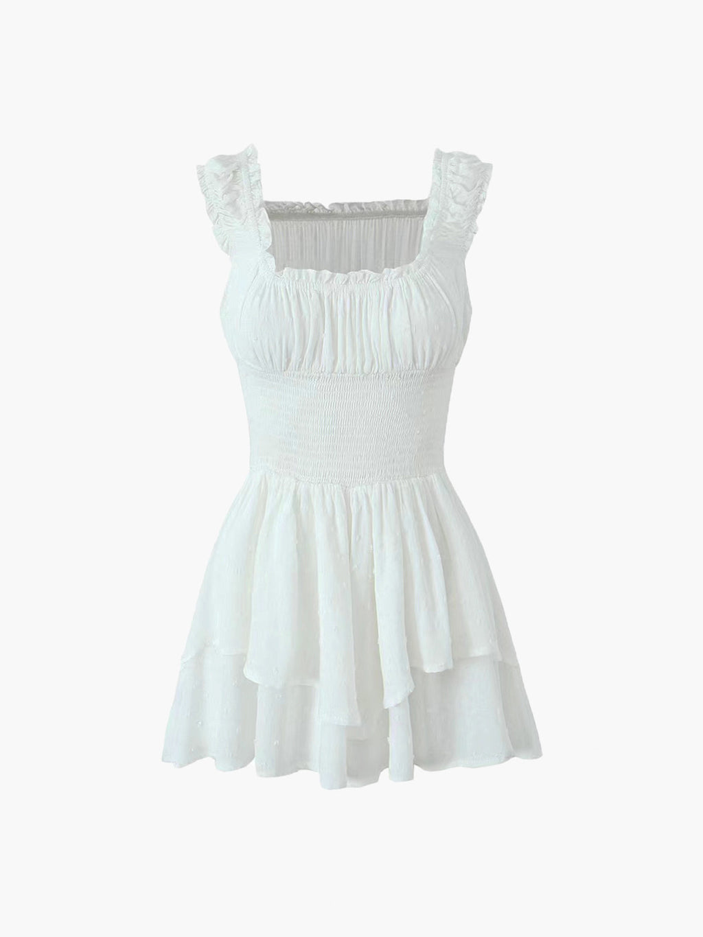 Lettuce Trim Shirred Waist Layered Mini Dress — White — Svelte Chic