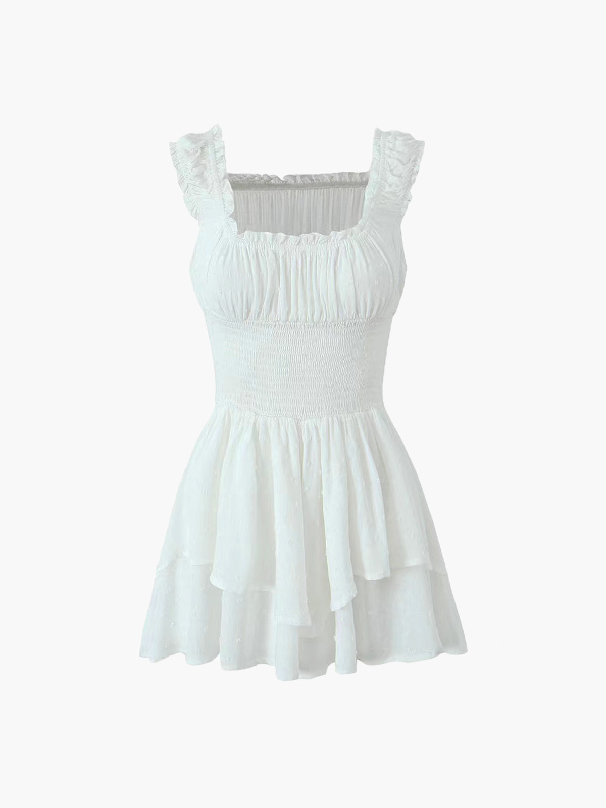 Lettuce Trim Shirred Waist Layered Mini Dress — White — Svelte Chic