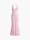 Cherry Blossom Halter Backless Maxi Dress — Pink in Pink — Svelte Chic