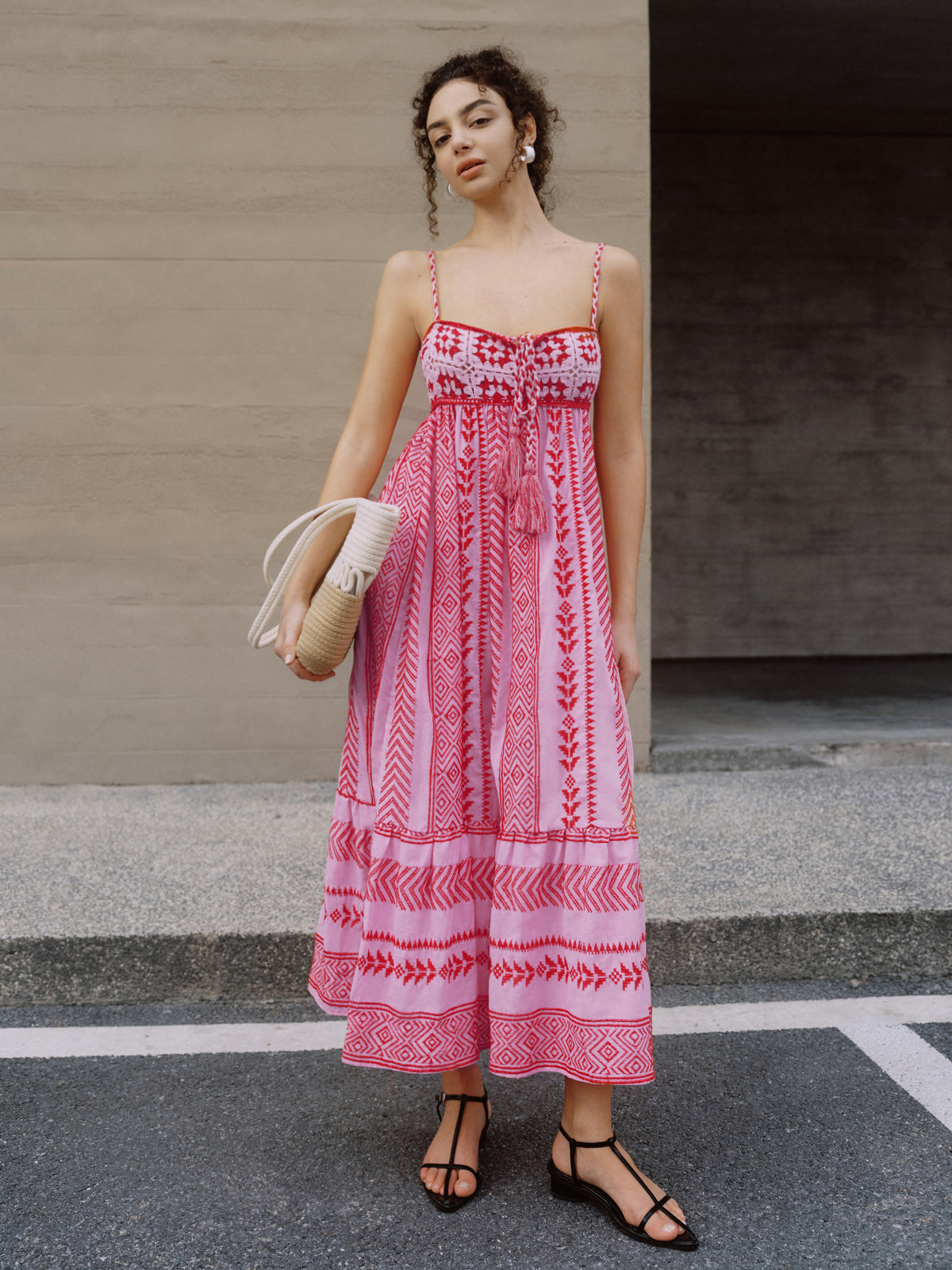 Boho Embroidered Cami Midi Dress — Red — Svelte Chic