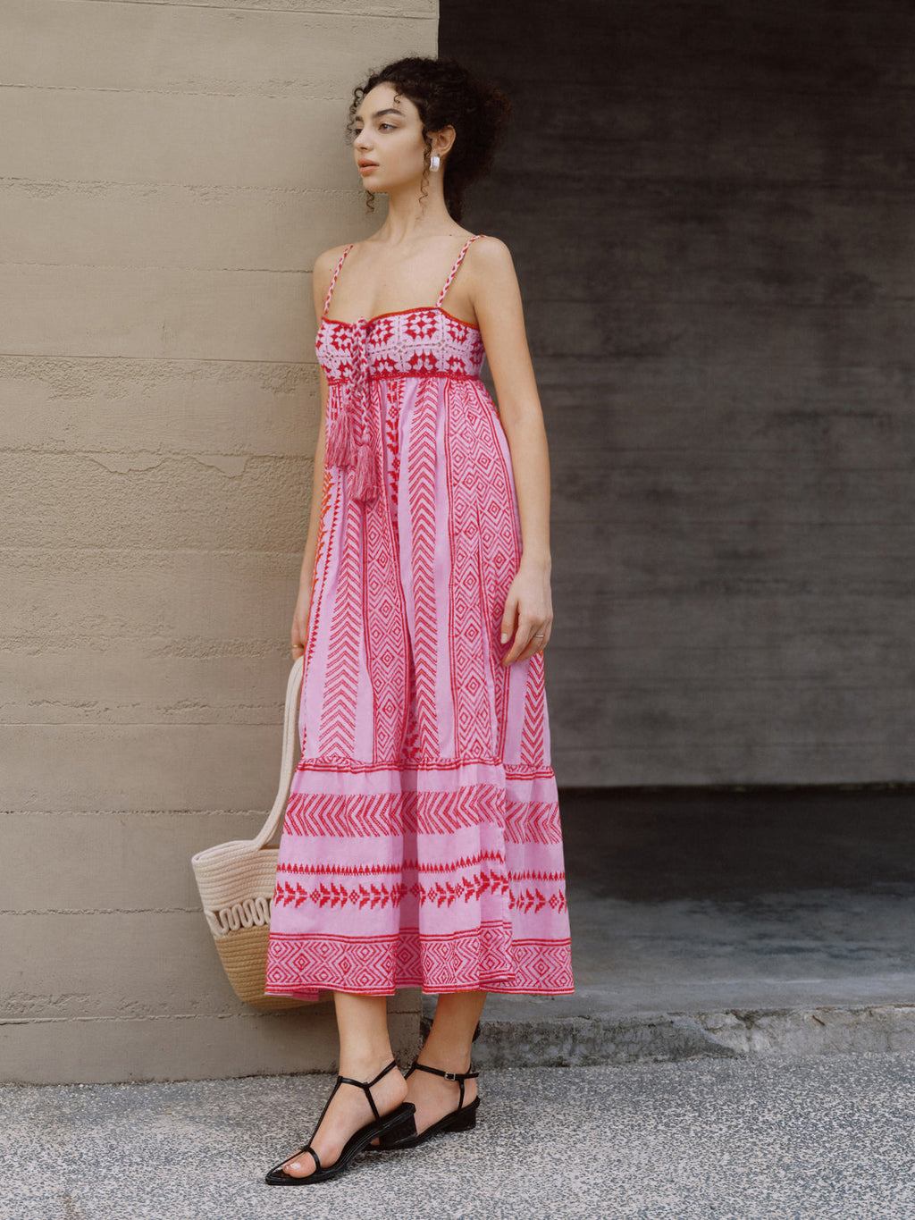 Boho Embroidered Cami Midi Dress — Red — Svelte Chic
