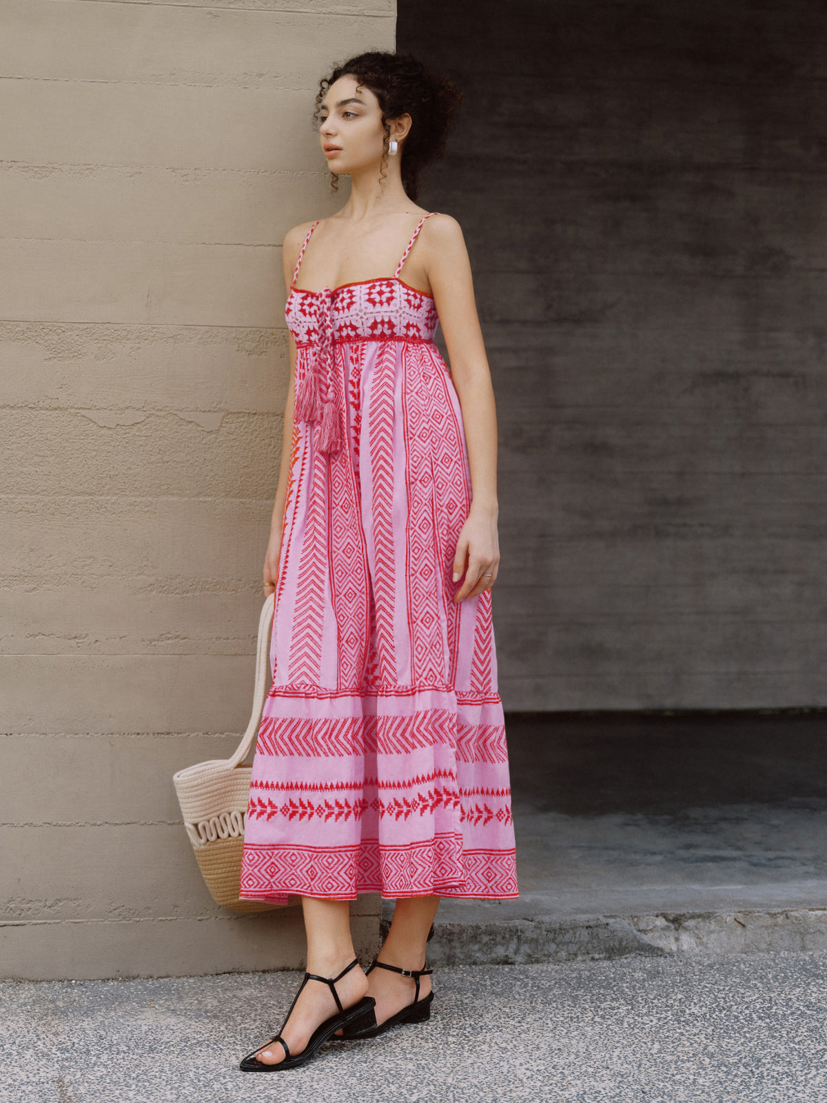 Boho Embroidered Cami Midi Dress — Red — Svelte Chic