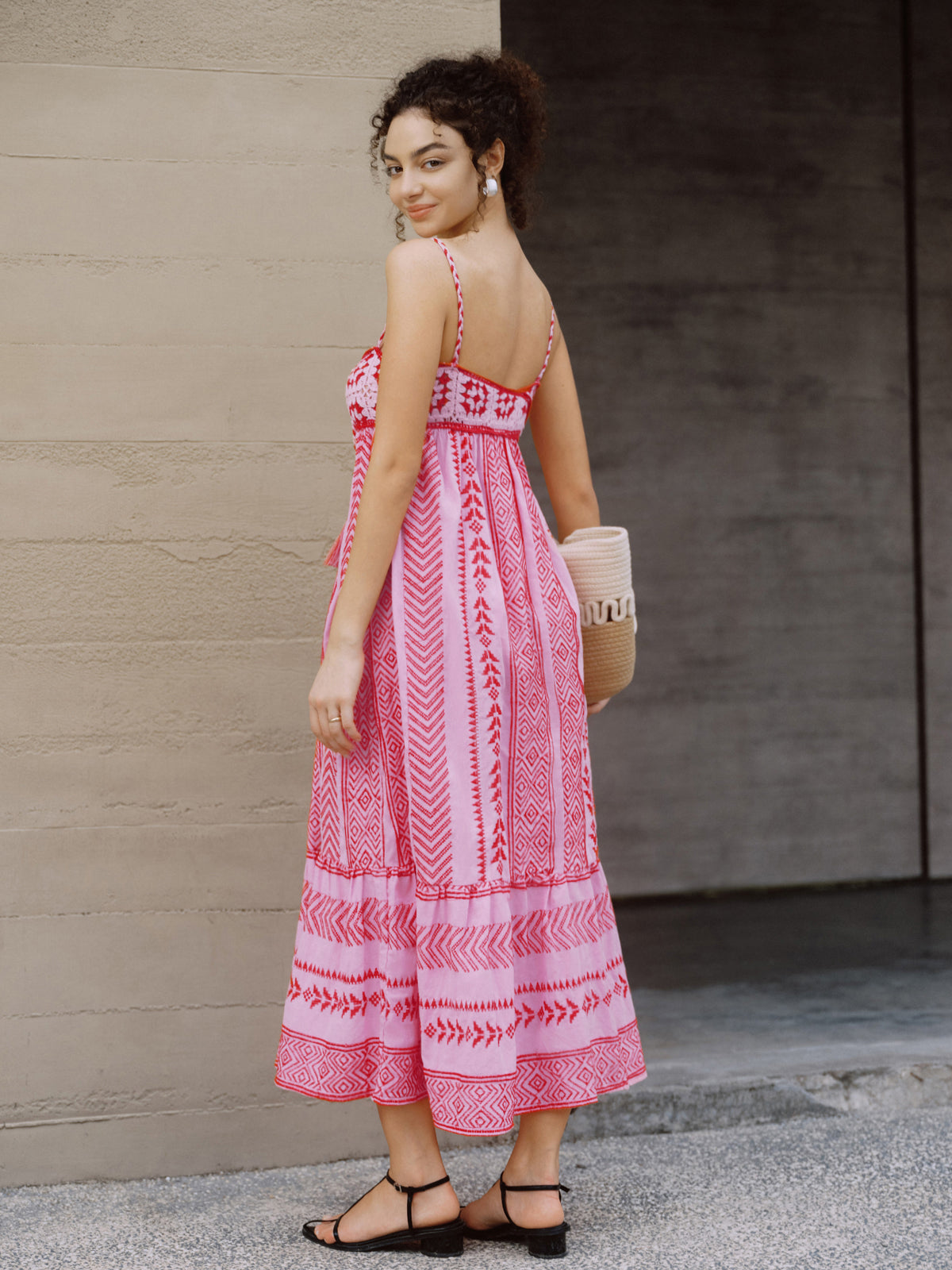 Boho Embroidered Cami Midi Dress — Red — Svelte Chic