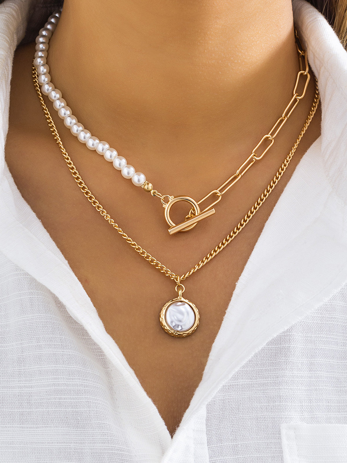 Pearl Disc Pendant Necklace — Gold in Gold — Svelte Chic