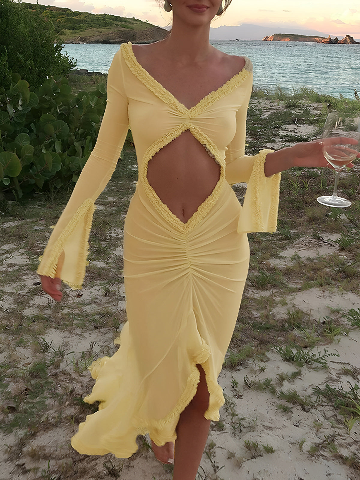 Ruffle Trim Ruched Maxi Dress — Yellow V-Neck — Svelte Chic
