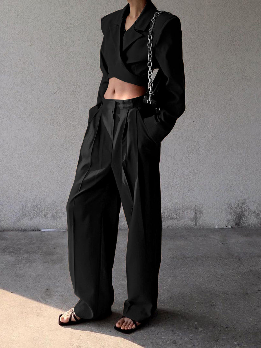 Lace-Up Blazer & Straight Leg Trouser Set — Black — Svelte Chic