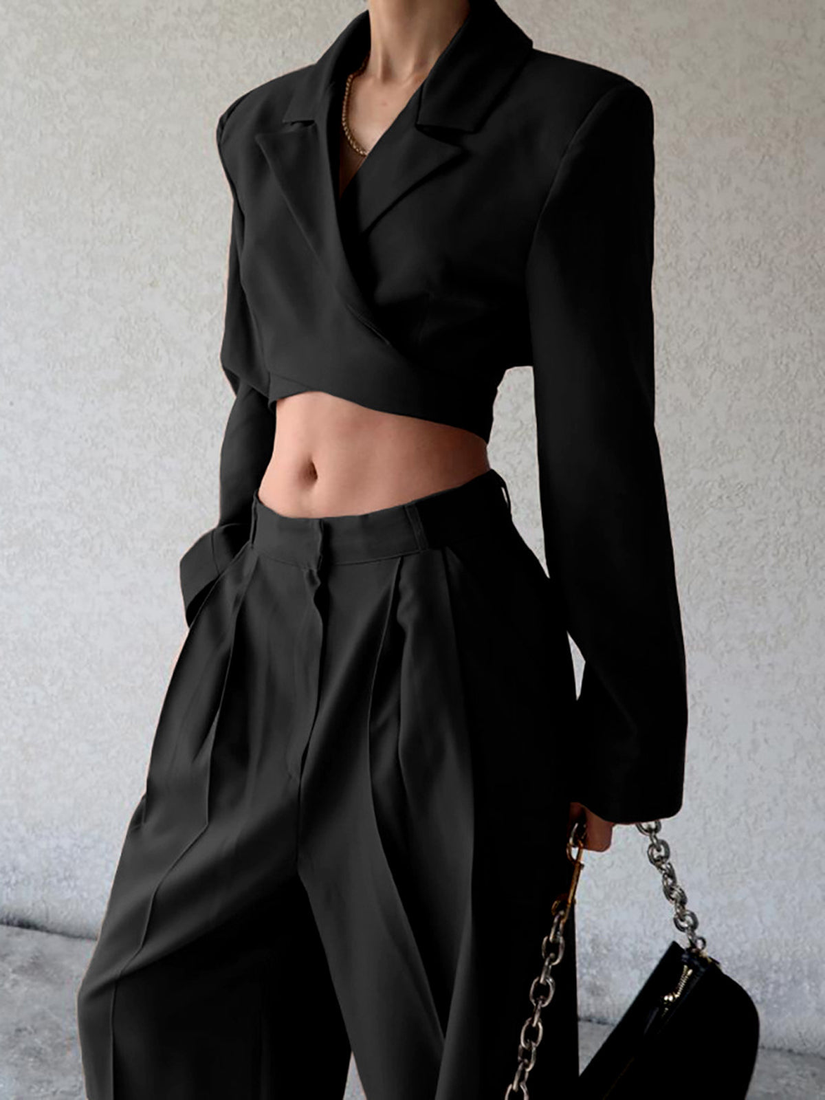 Lace-Up Blazer & Straight Leg Trouser Set — Black — Svelte Chic