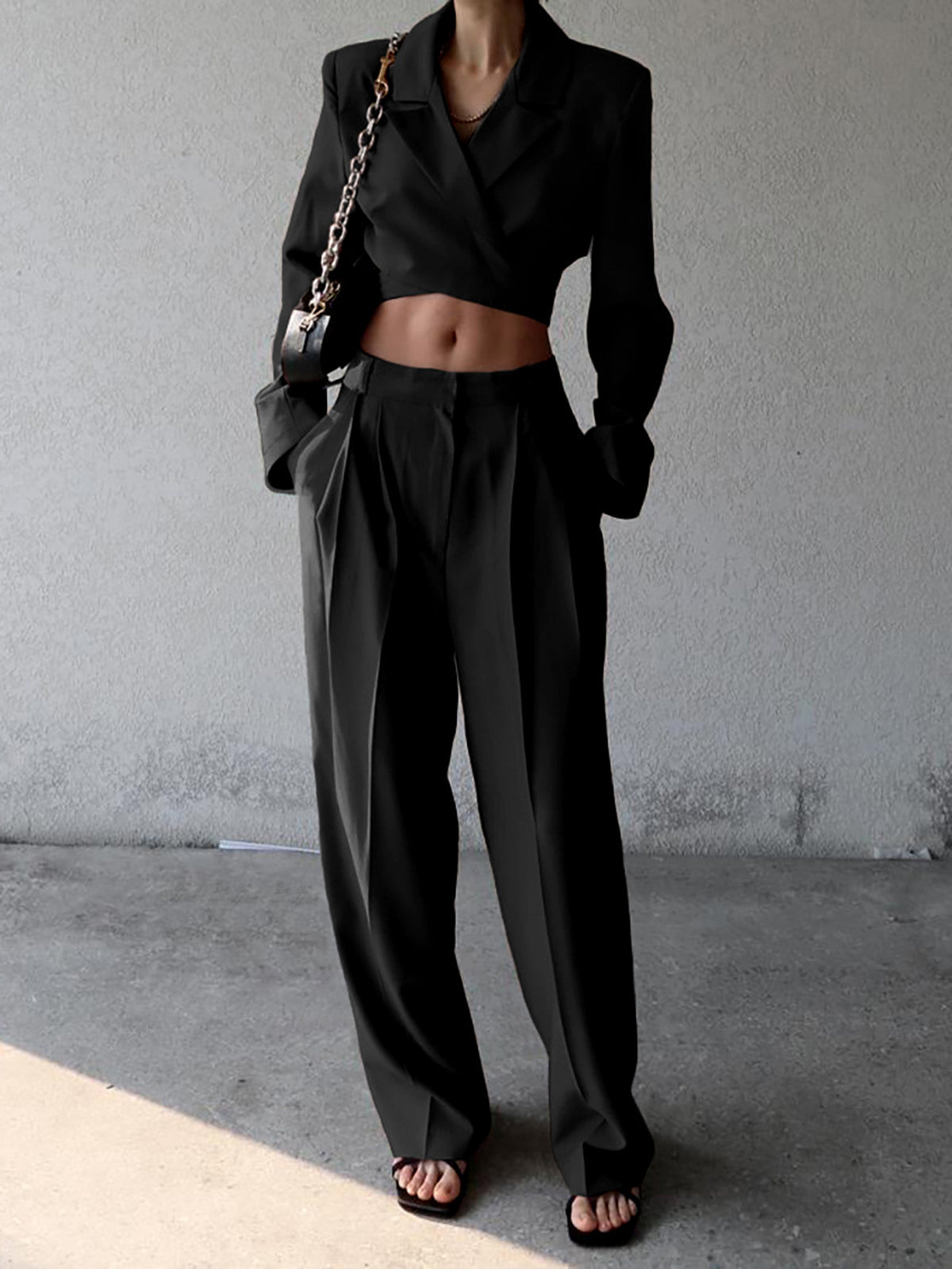 Lace-Up Blazer & Straight Leg Trouser Set — Black in Black — Svelte Chic