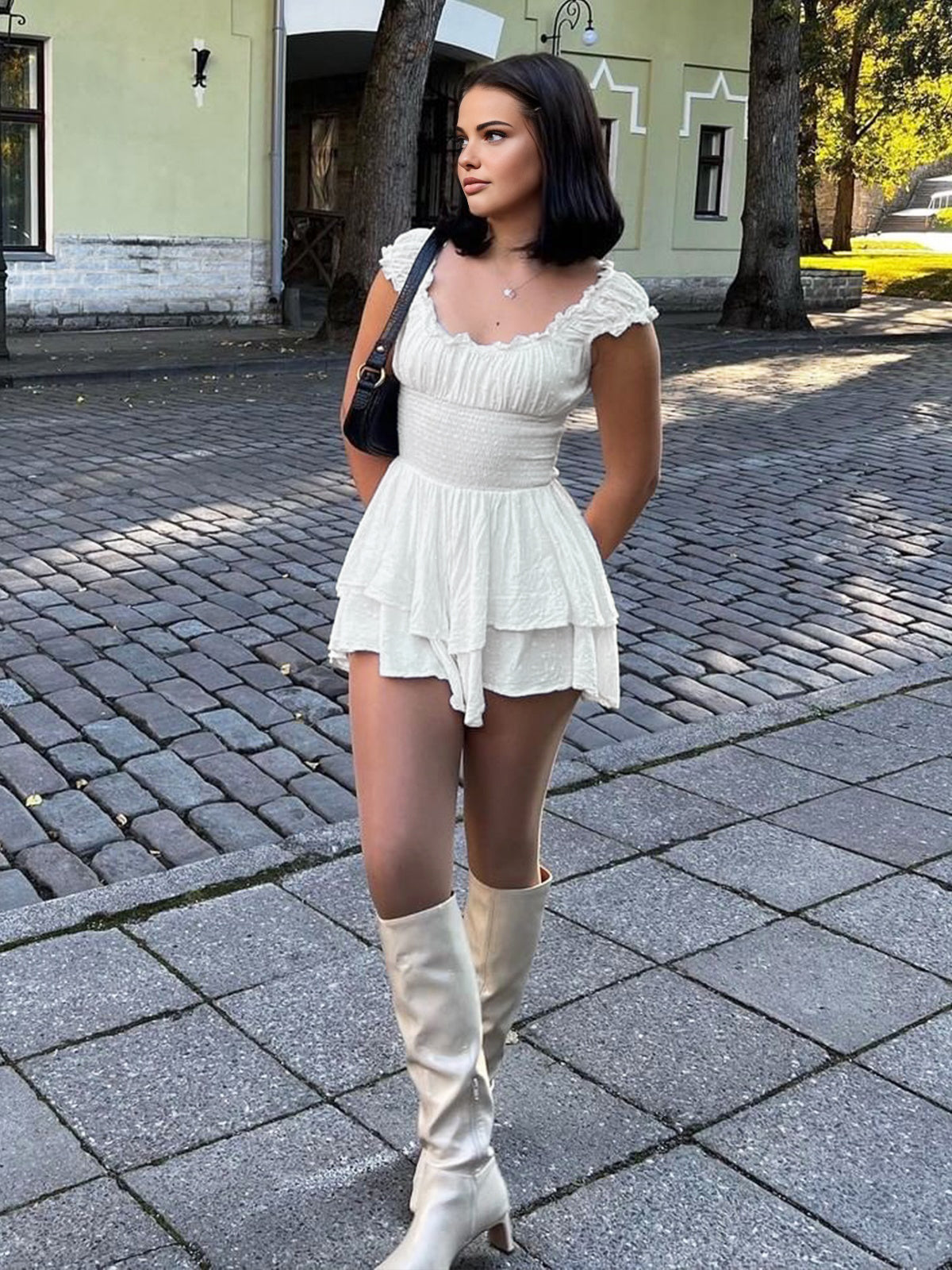 Lettuce Trim Shirred Waist Layered Mini Dress — White — Svelte Chic