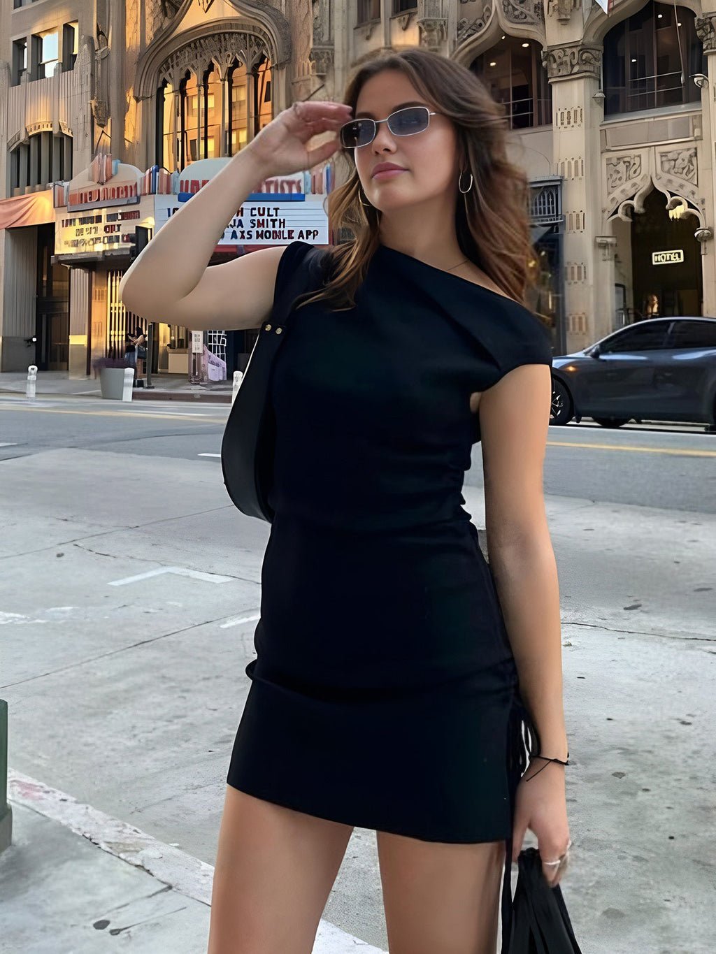 Drawstring Asymmetric Neck Mini Dress — Black — Svelte Chic