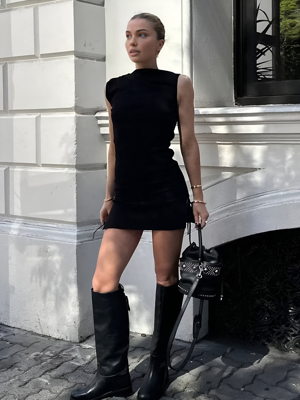 Drawstring Asymmetric Neck Mini Dress — Black — Svelte Chic