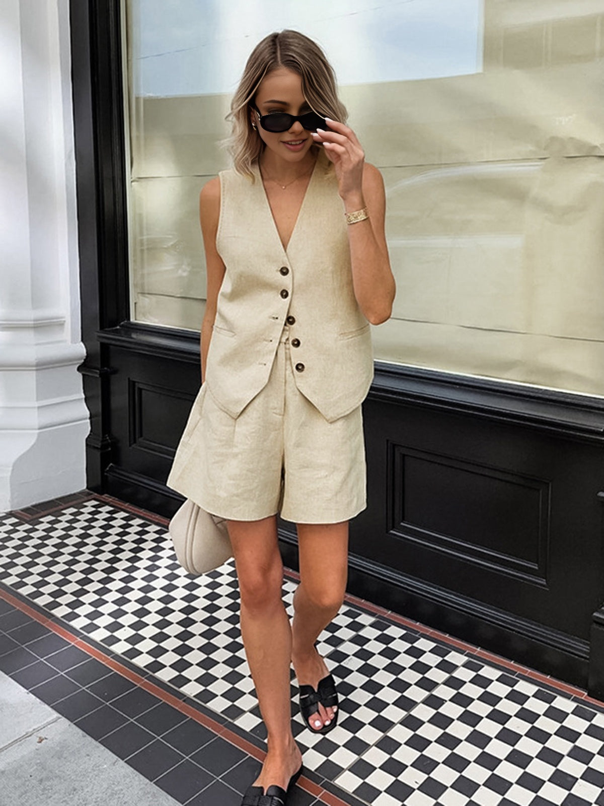 Cotton Linen Pocket Shorts Set — Khaki — Svelte Chic