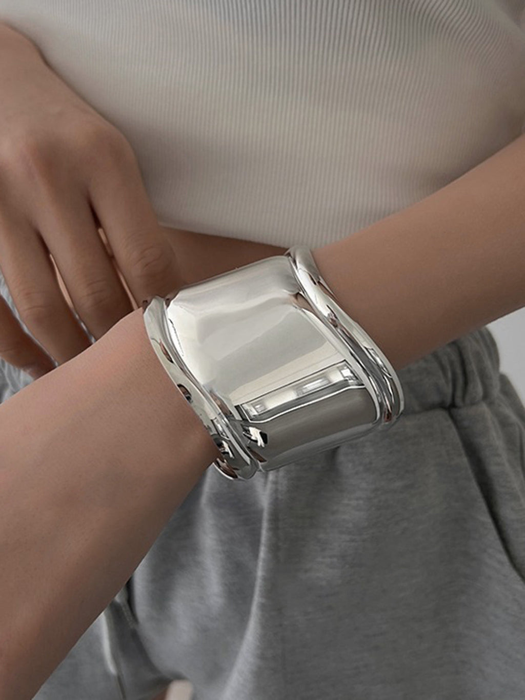Wide Metallic Cuff Bracelet — Silver in Silver — Svelte Chic