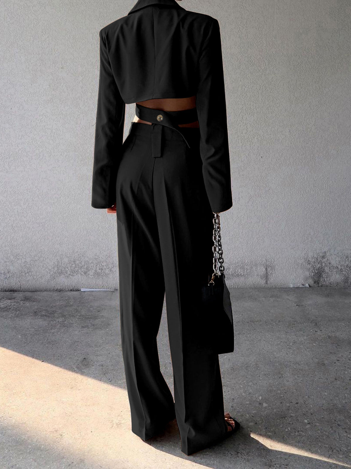 Lace-Up Blazer & Straight Leg Trouser Set — Black — Svelte Chic