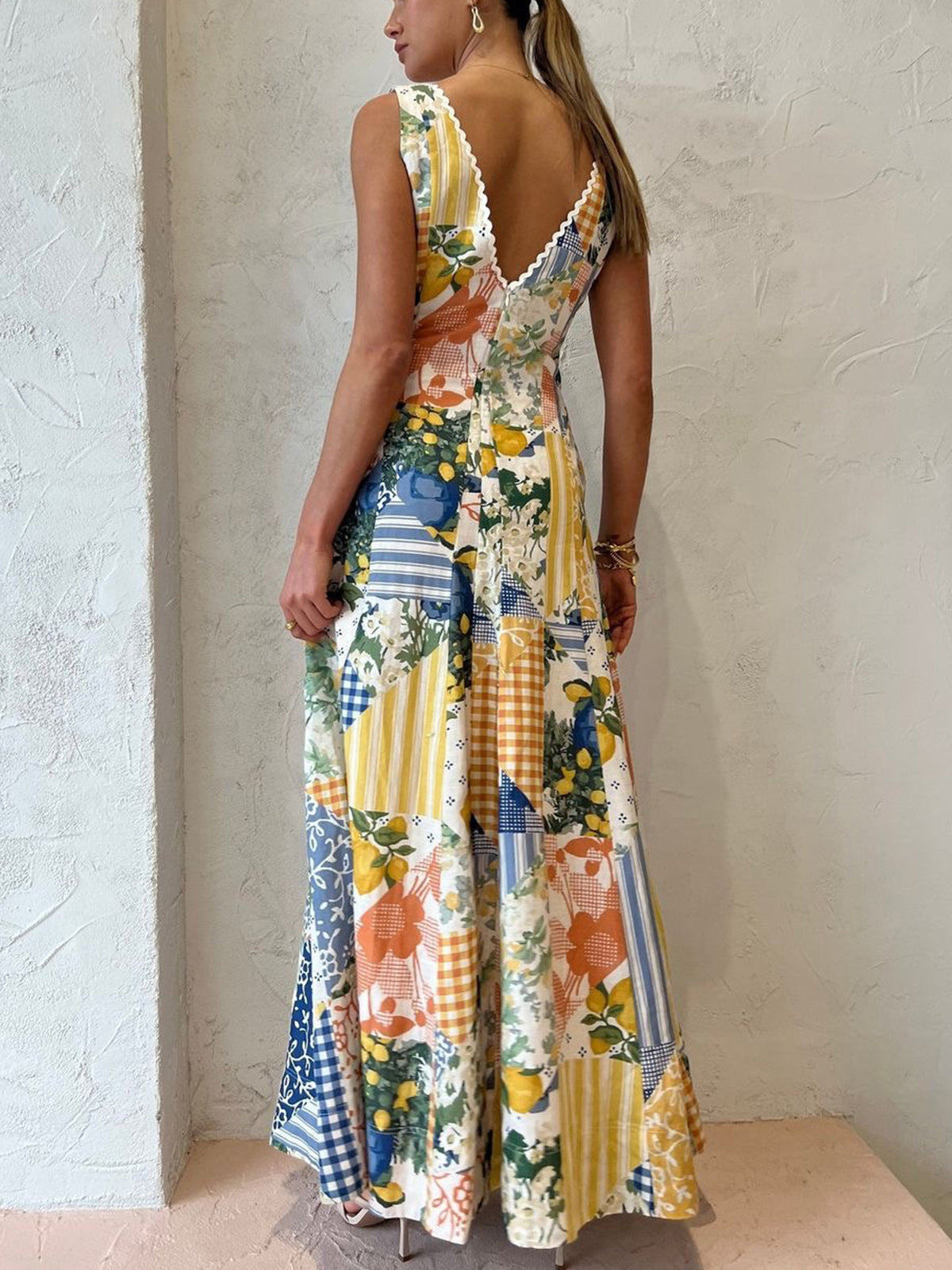 Lemonade Print Lace Trim Maxi Dress — V-Neck — Svelte Chic