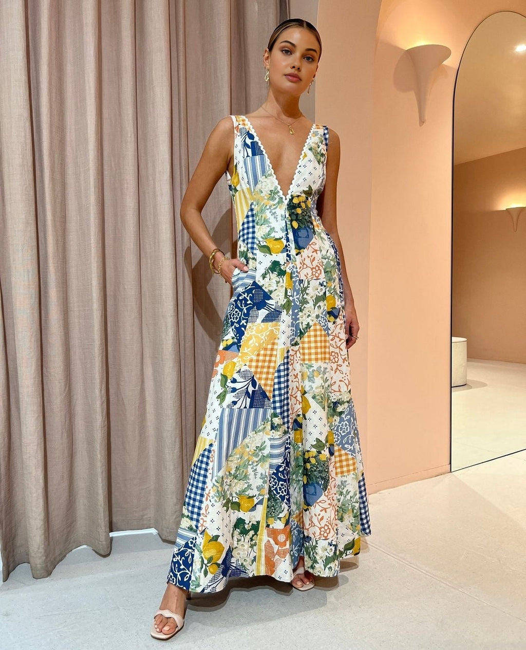 Lemonade Print Lace Trim Maxi Dress — V-Neck — Svelte Chic