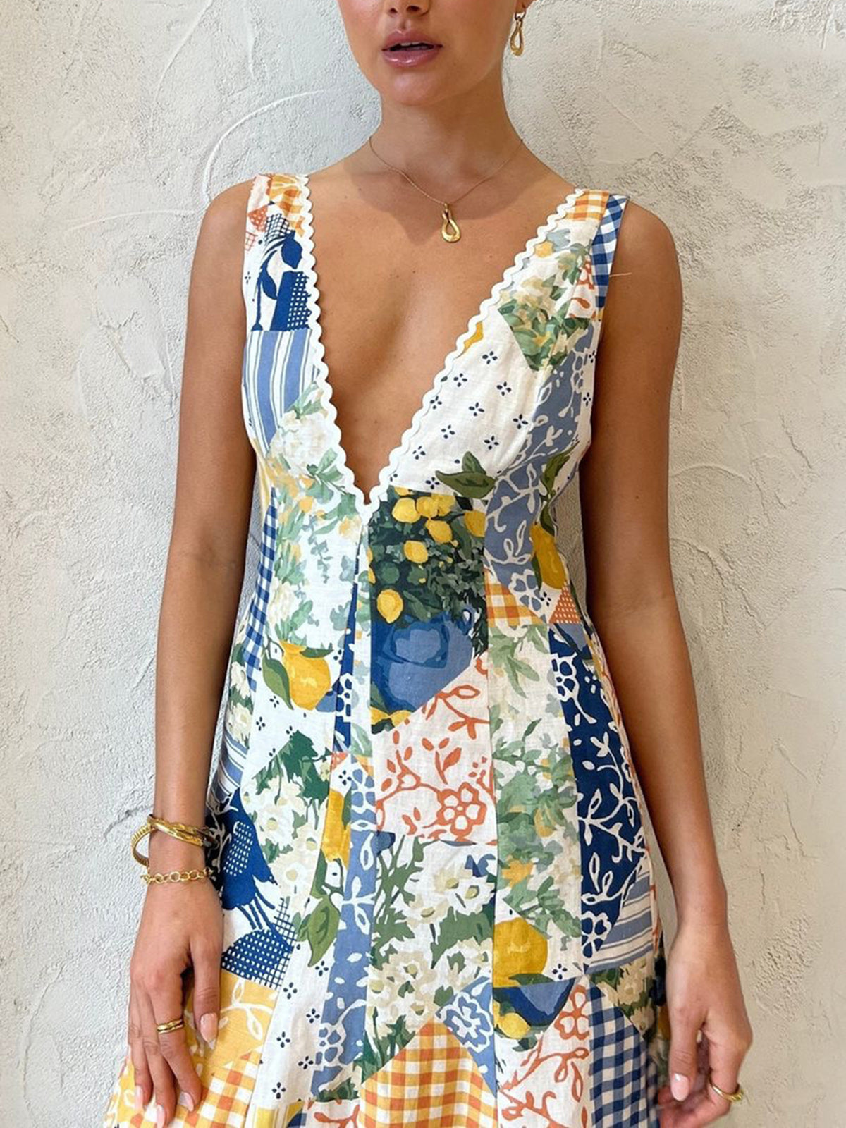 Lemonade Print Lace Trim Maxi Dress — V-Neck — Svelte Chic