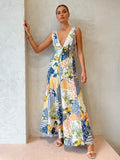 Lemonade Print Lace Trim Maxi Dress — V-Neck in Multicolor — Svelte Chic