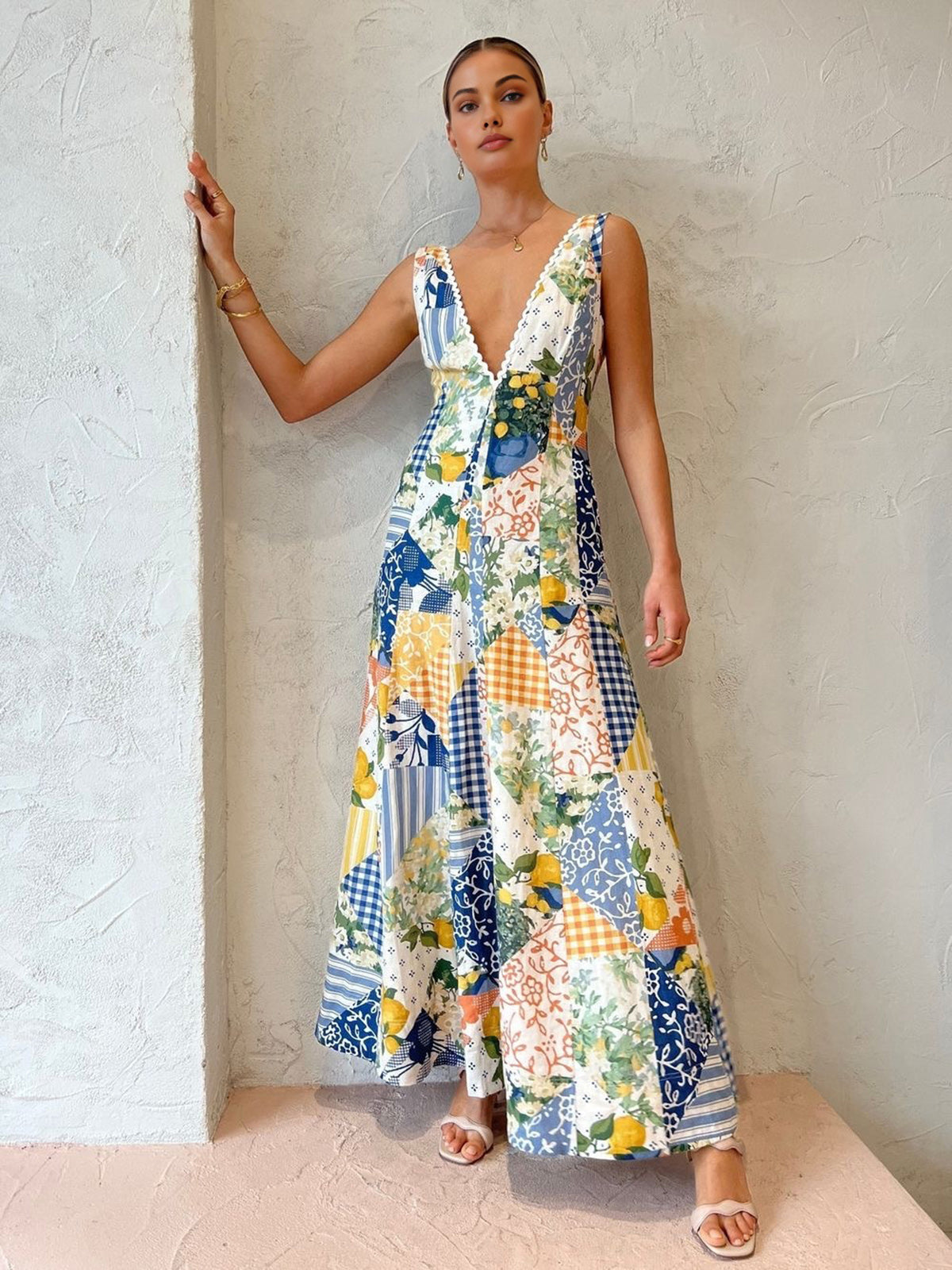 Lemonade Print Lace Trim Maxi Dress — V-Neck in Multicolor — Svelte Chic