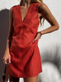 Cotton Linen V-Neck Mini Dress — Red in Red — Svelte Chic