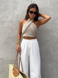 Crisscross Halter Linen Blend Top — Khaki in Khaki — Svelte Chic