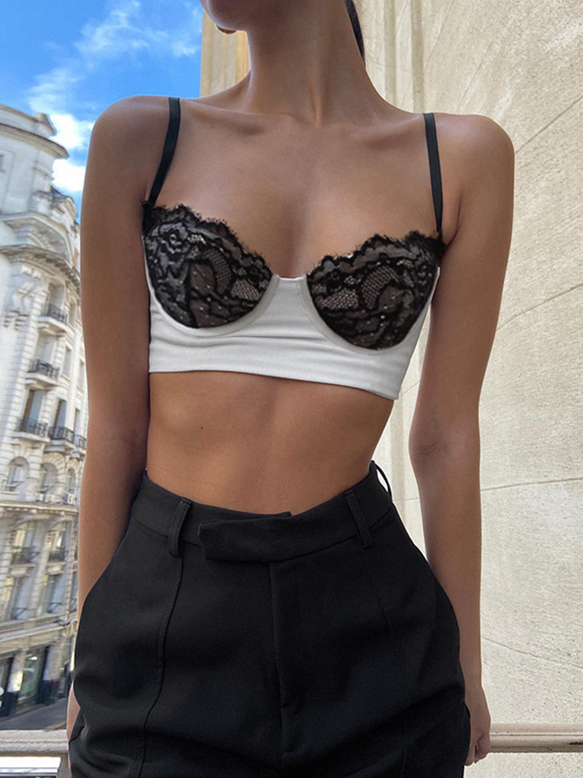 Lace Bra Detail Cropped Cami Top — White — Svelte Chic