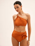 Asymmetric Knotted Beaded Bikini Set — Brown in Brown — Svelte Chic